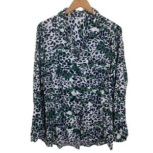 Beach Lunch Lounge Animal Print Tunic Top Button Front Womens Plus 2X Green Blk